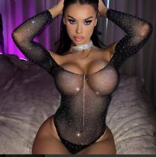 Women Lingerie Fishnet Bodysuit Sparkle Rhinestone Sexy Mesh Teddy Lingerie uk