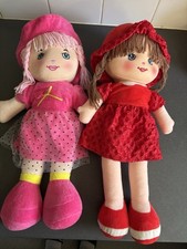 2x Rag Dolls Soft Bodied Large 50 Cm Cute Dress Red Pink Excellent Condition
