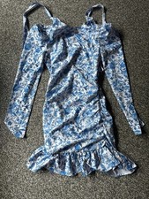 Blue Flower Frilly Dress Size M No Brand Scrunched Near Waist