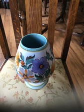 Pale Blue Hand Painted Vase with a Flower Design inscribed Plateel Gouda Holland