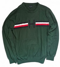 Tommy Hilfiger green H logo knitwear sweater  men’s large retro stripe crewneck