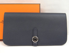 HERMES Dogon Long Wallet Bifold Leather Navy France w/Box 23220232400 2