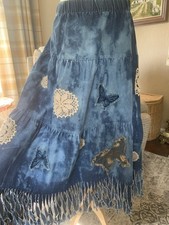 Upcycled New Denim Maxi Skirt Bleach Hand Sewn Lace Butterfly Fringed OOAK Boho