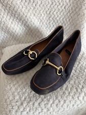 Navy Blue Suede Loafers Flat Gold Bar Comfort Fit UK 4 Slip On Driving Shoes