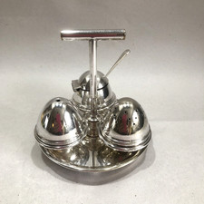 Vintage Cruet Condiment Set Silver Plated Egg Shaped + Stand Glass Liner & Spoon