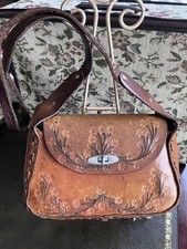 Vintage Chestnut Brown Leather Hand Tooled Cross Body Bag Purse