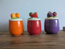 3x Vintage Preserve Jars Strawberry Orange Blackberry Shaped Lids 1980s Jam Jars