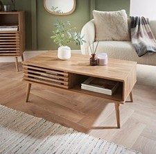 New Contemporary Coffee Table Slated Sliding Door in Natural Mango Wood Finish