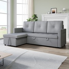 Grey 3 Seater Sofa Bed L-Shaped Couches Pull Out Sectional Sleeper with Storage