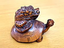 Hand Carved wooden Netsuke Figurine : Dragon and Turtle longevity luck signed
