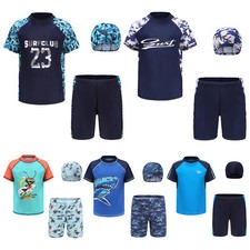 Boys Swimming Trunks Quick Dry Swim Top Cap Set Kids Rash Guard Suits Swimwear