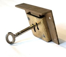 Large solid brass antique bureau desk lock & key angled top plate sloped 2 3/4"