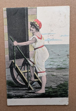 OLD POSTCARD WOMAN SWIMWEAR BATHING HUT MACHINE SWIMMING COSTUME 1900S  DR 865