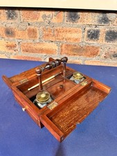 ANTIQUE  ROSEWOOD DESK BOX, BOBBIN TURNED FLAPS OPENING TO REVEAL INKWELLS