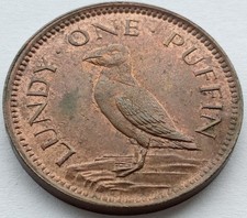 1929 Lundy one puffin coin Martin Coles Harman - higher grade + Luster