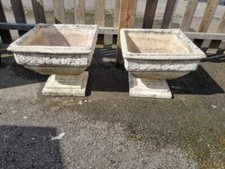 A Pair Of Reclaimed Antique Weathered Cast Stone Concrete Garden Urns