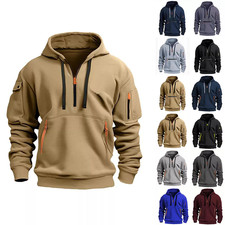 Men Retro Sweatshirt Work Half Zip Up Jumper Hoodie Hooded Jacket Coat