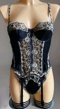 Jane Woolrich Suspender Basque & Knicker Set Black 100% Silk Embroidered 34AA/10