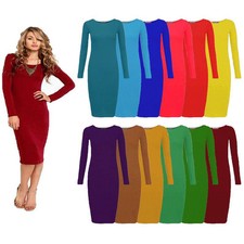 LADIES WOMENS LONG SLEEVE STRETCH BODYCON PLAIN JERSEY MIDI DRESS PLUS SIZE 8-26