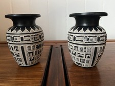 Two Hand Carved Egyptian Basalt Stone 5" Small Black & White Vases