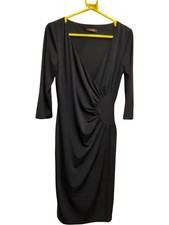 Savoir Black Ruched Knee Length Dress V-Neck 3/4 Sleeve - Size 10