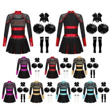 UK Kids Girls Dance Outfits Metallic Cheerleading Letter Pattern Pleated Dress