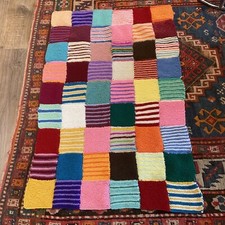 HANDKNIT GRANNY BLANKET THROW PICNIC 36”x23” Bright Squares Hippie Retro cottage