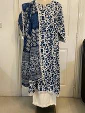 Indian style, blue pattern trouser suit with white cotton dupatta