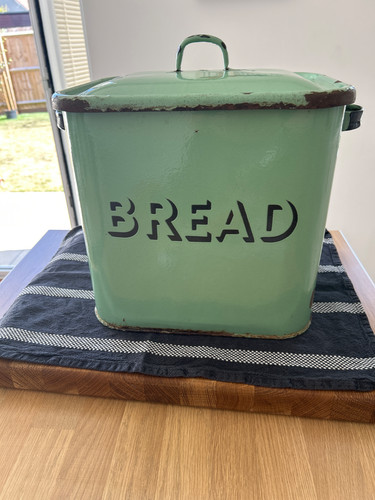 Vintage green enamel bread bin - vintage,