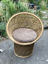 Vintage natural wicker peacock chair - round tub barrel style - 1970s boho tiki