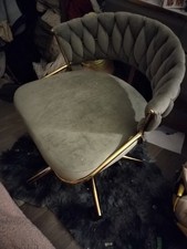Adjustable Swivel Chair On Wheels, Grey Crushed Velvet With Gold Base And Legs