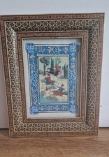 Vintage Old Persian Hand-Painted Plaque in Khatam Mosaic Frame