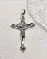 Saint Benedict Cross 925 Sterling Silver Jesus Crucifix Catholic Pendant
