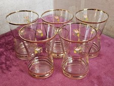 Beautiful Set of 5 Vintage Drinking Glasses - Gilded Bands & Floral Pattern
