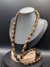 Stunning Brown Beaded Necklace With Silver Tone Barrel Clasp 24" Long