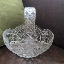 Vintage Cut Glass Basket Vase Lead Crystal Decorative Floral Design 8.5" x 6"