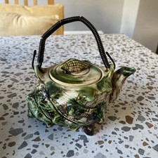 70's Vintage Bijou Conch Shell Teapot Small Majolica Style Seashell Green Brown