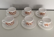Vintage Arcopal France Set Of 6 Cups & Saucers Scania Floral White Orange & Pink