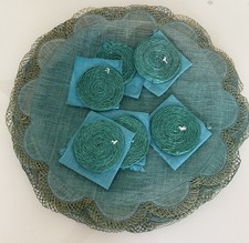 Vintage retro blue Sinamay woven placemats napkins & coasters set - NEW unused