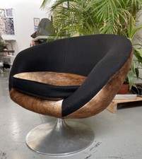Vintage Retro Cow Hide Leather Brown Black Egg Tub Rotating Armchair 70s 80s