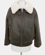 M&S Women's Aviator Jacket Size 10 Brown Faux Leather Fur Trim Zip Pocket New F1