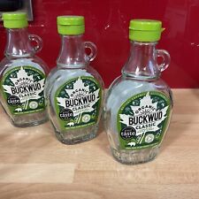 3 EMPTY CLEAR GLASS BUCKWUD 250G MAPLE SYRUP BOTTLES WITH FLIP-TOP LID