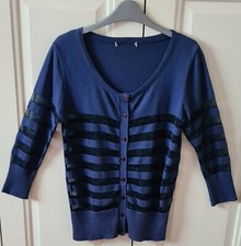 Tu Cardigan, 12, Navy self-stripe with metalised yarn, scoop neck, 3/4 sleeves