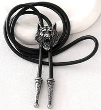 Unusual Unisex Black Bolo Tie with Silver Alloy Wolf  Head Buckle  Cowboy Style