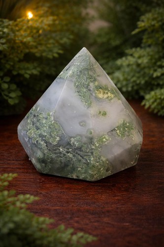Moss agate crystal pyramid - moss,
