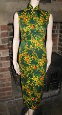 Vintage Chinese Oriental Green Yellow Floral Long Bodycon Fitted Slit Dress S vg