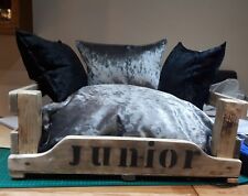 Medium personalised wooden dog/cat bed with luxury crushed velvet cushions 