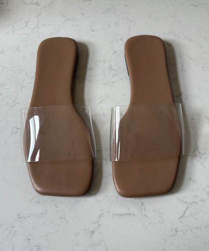 Clear strap tan slide sandals - strap,