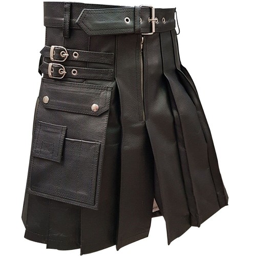 Mens real leather kilt black - mens,