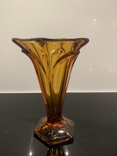 Art deco amber glass vase - deco, 8”